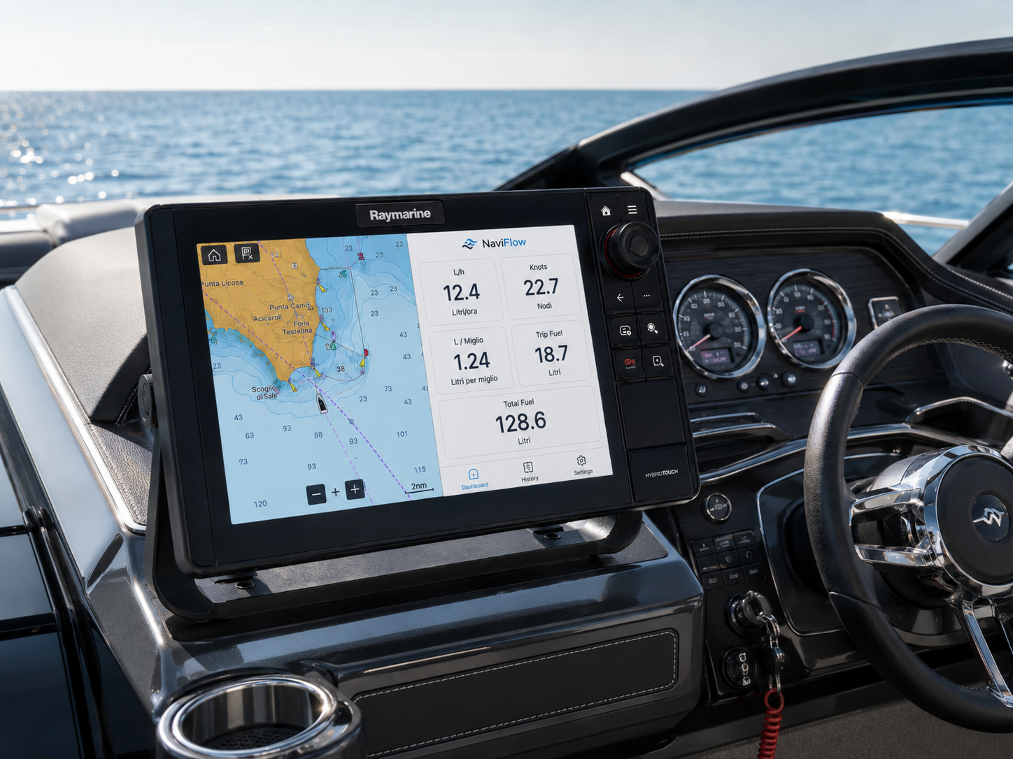 Chartplotter con dati consumi motori marini Visualizzazione dei consumi motori marini su Raymerine